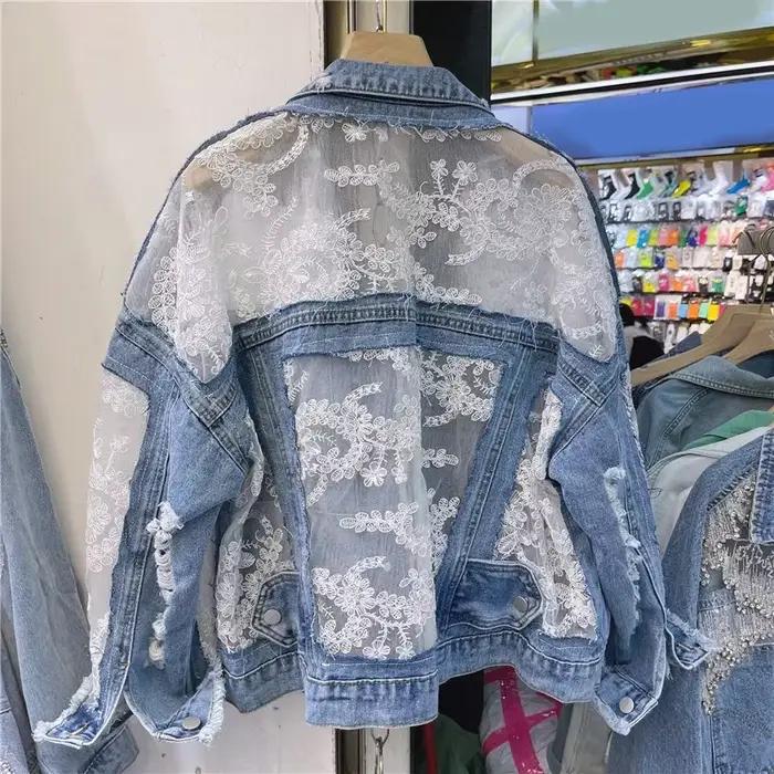Veste en jean brodée pour femme, patchwork de dentelle, pompon effiloché, manteau en jean bleu corée