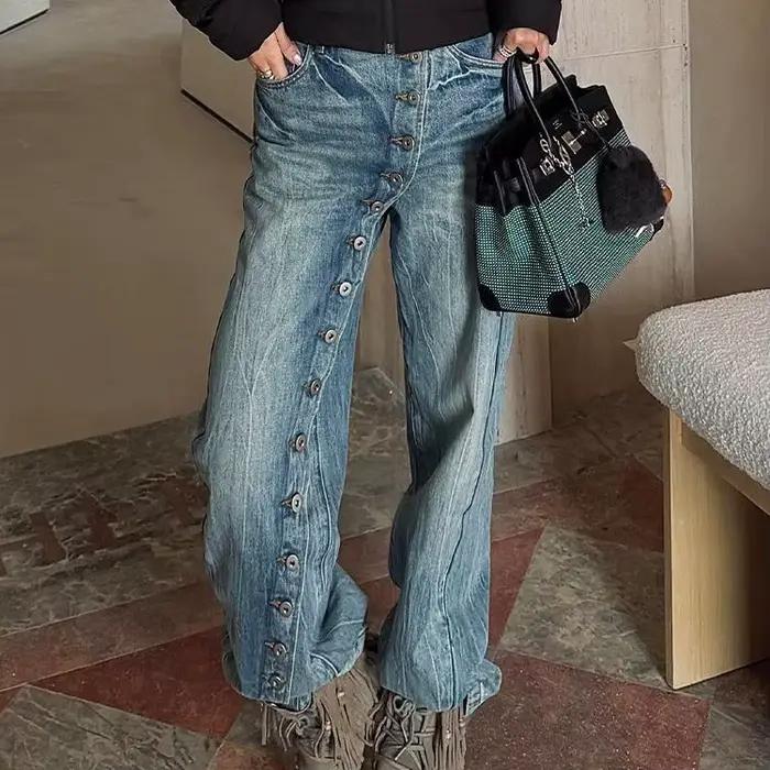 American Spice Girl Jeans Pantalon de sol rétro délavé avec patte inclinée et boutons pour enfants