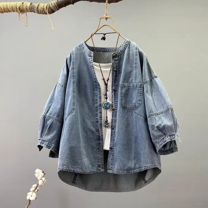 Chemises et chemisiers en denim pour femmes, mode Harajuku, été automne, style japonais, demi-manche