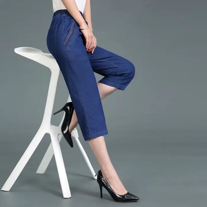 Jean décontracté pour femme, pantalon en Denim, longueur mollet, taille haute, été