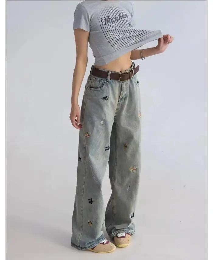 Jean femme jambe haute large évasé longueur de traînée chiot patte broderie Denim pantalon coupe amp