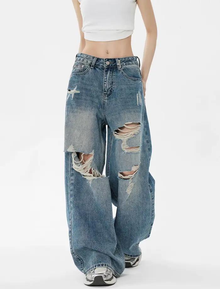 Jean déchiré rétro américain pour femmes, ample, Simple, basique, mode décontractée, Slim, Chicly, j