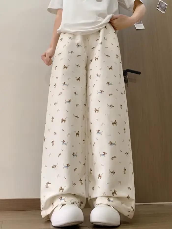 Nouveau pantalon large pour femme, style dessin animé Kawaii, coupe ample, taille haute, décontracté