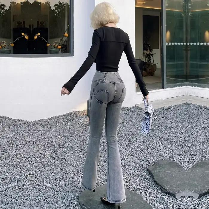 Shascullfites jean évasé femme taille haute mince gris Stretch Denim femmes pantalon serré Style de 