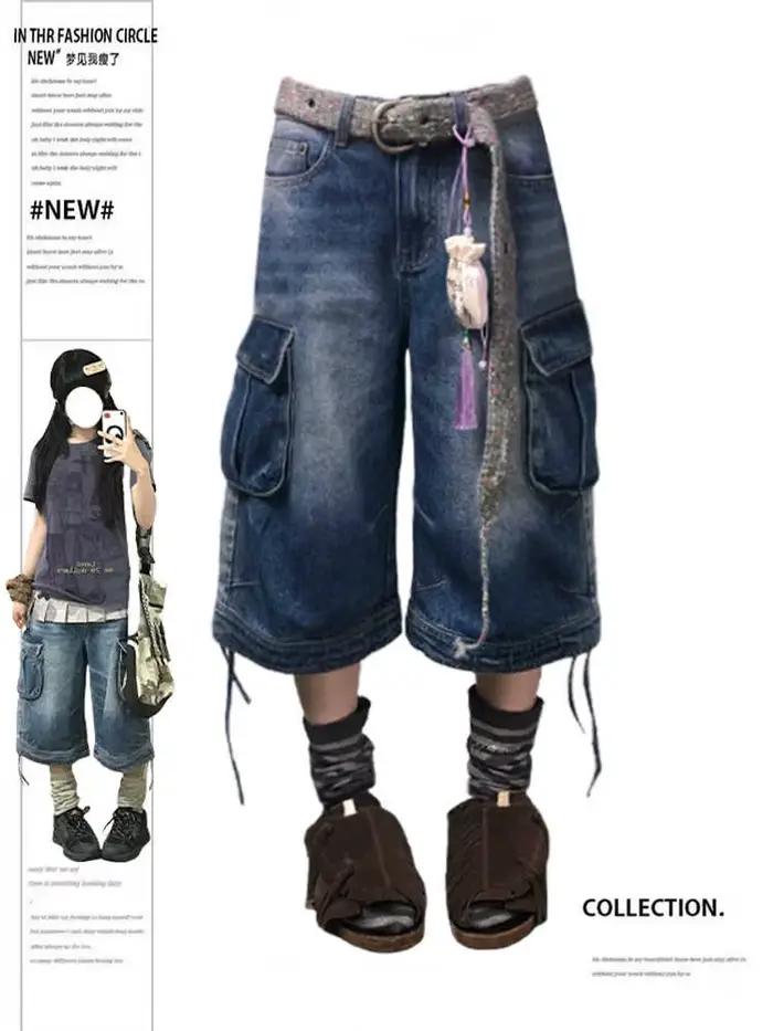 Shorts en jean cargo rétro américains pour femmes, style boyfriend, Y2K, années 2000, denim, longueu