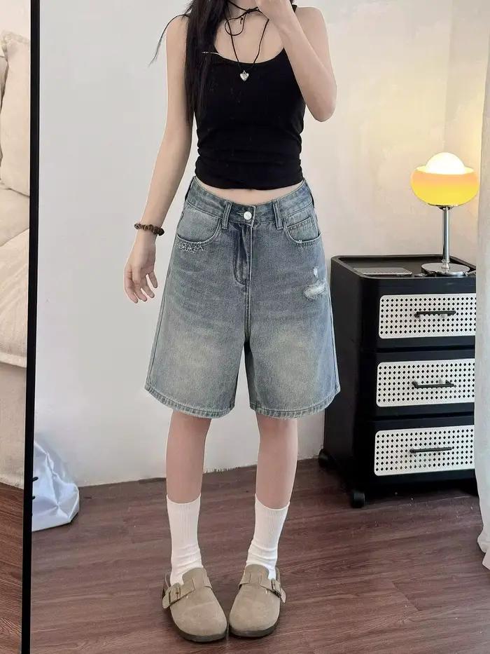 Jean en denim déchiré pour femme, nouveau style d'été, grande taille, coupe ample, pour silhouette e