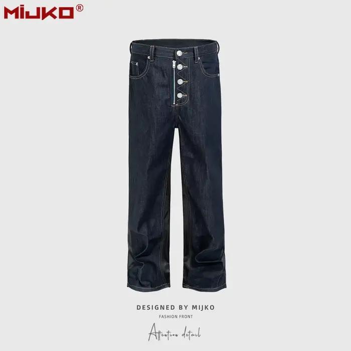 MIJKO Jeans Baggy Original en Cuir Patchwork avec Boutons TJ182