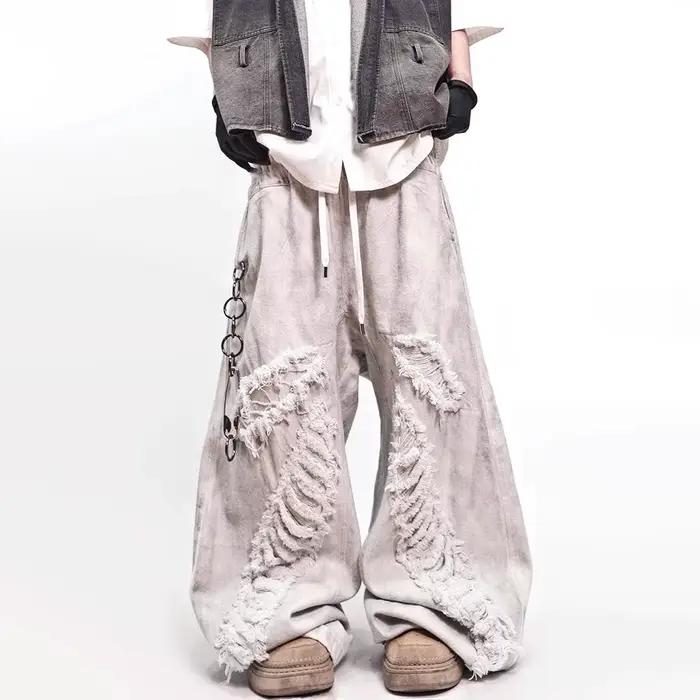 Jean délavé Vintage, pantalon de travail ample en détresse, pantalon en Denim à jambes larges pour h