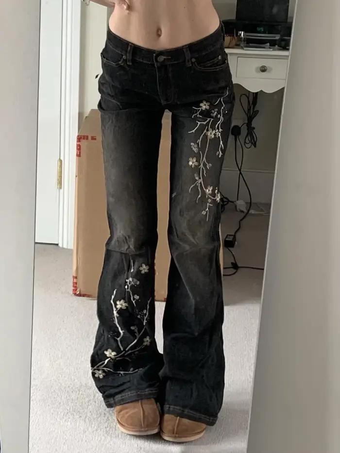 Harajuku – jean brodé de fleurs, Vintage des années 2000, taille basse, évasé, rétro y2k, Baggy, pan