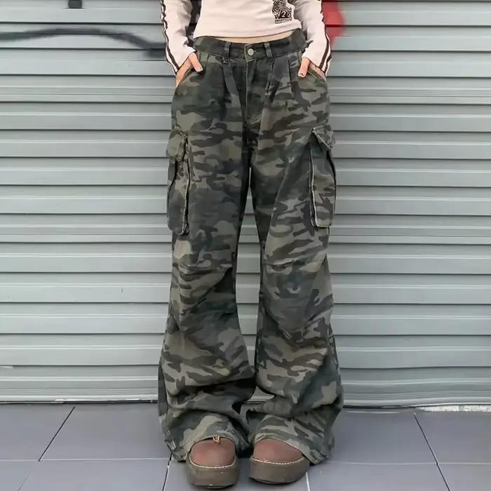 Nouveau 2025 Camouflage Cargo jean femmes Vintage taille haute automne Y2K pantalon à jambes larges 