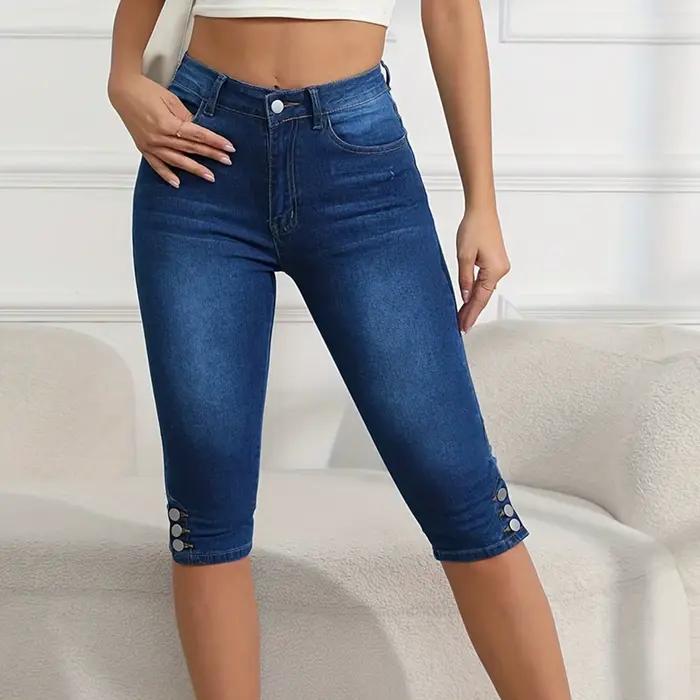 Jean court pour femmes, bleu foncé, décoré de boutons, taille haute, pantalon mi-long à la mode, pan