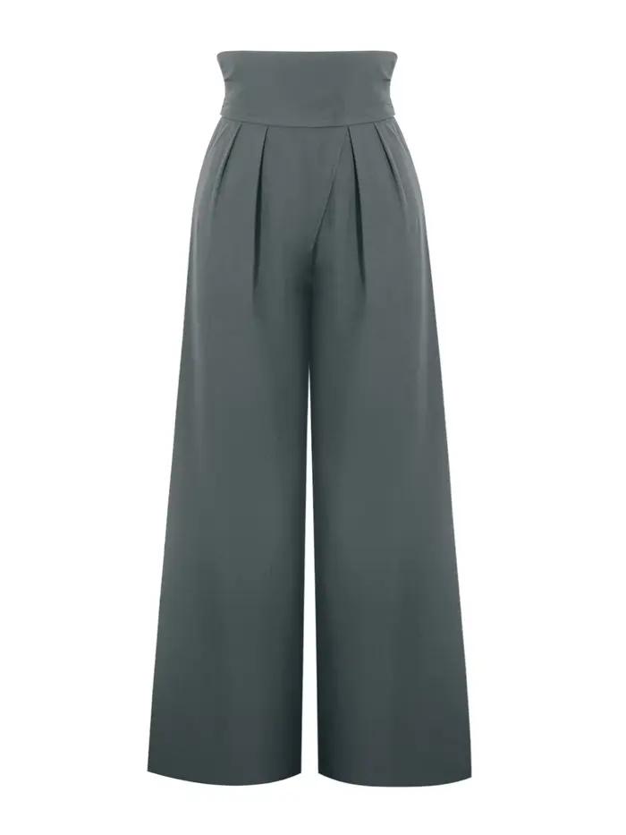 Pantalon chic gris à taille haute et jambes larges - Pantalon plissé drapé à coupe ample, idéal pour
