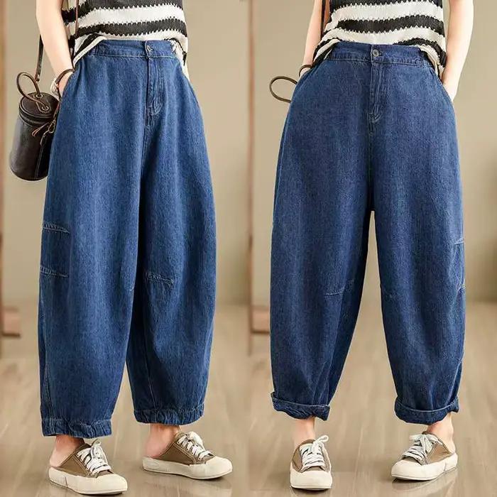 Nouveau 2026 Jean ample rétro littéraire pour femme, en denim délavé, coupe large, simple et polyval