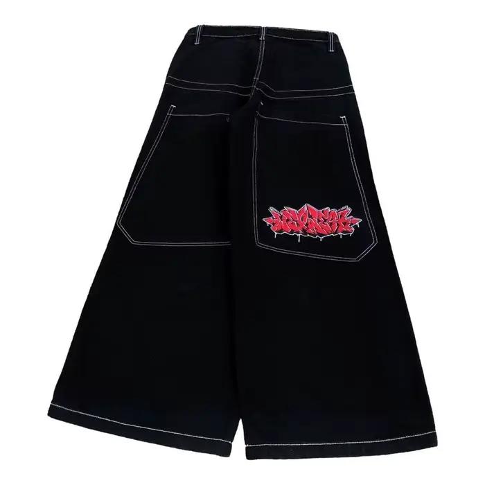 Jeans brodés style streetwear, jeans hip-hop amples à jambes larges