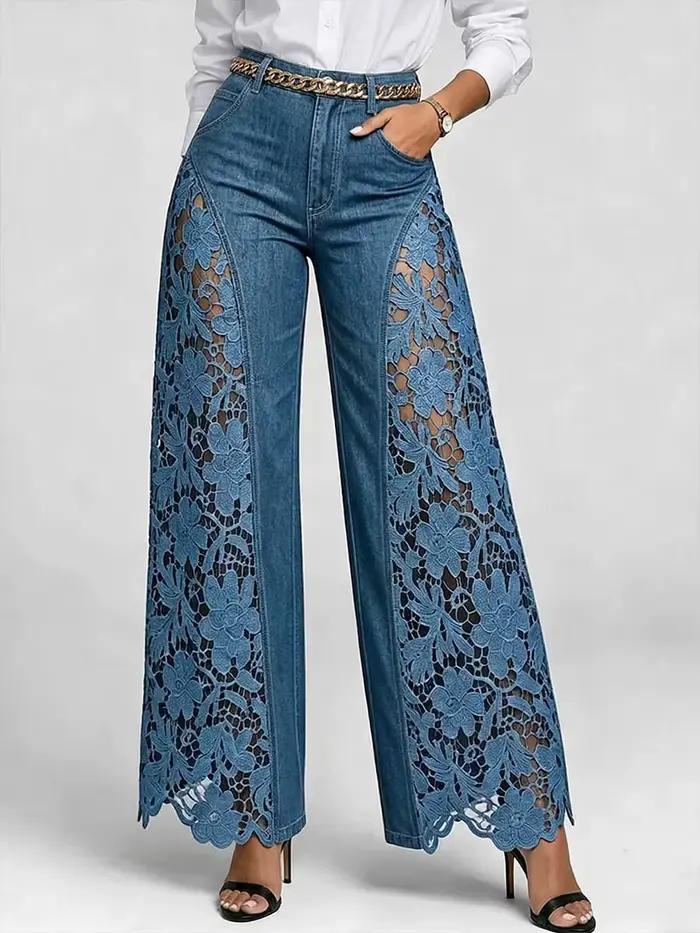 Pantalon large taille haute pour femme, tendance et polyvalent, en denim avec empiècements en dentel