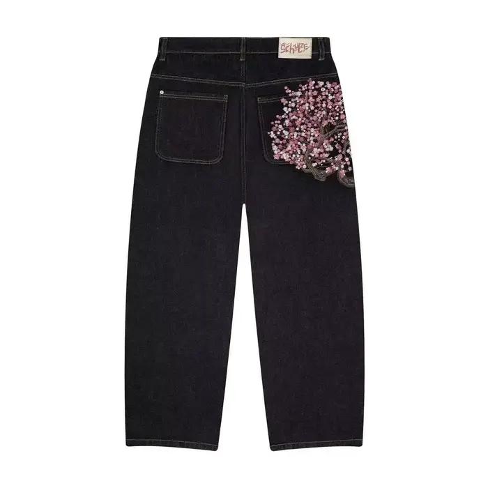 Jeans Harajuku rétro Y2K surdimensionnés avec motif brodé de fleurs de cerisier, jeans baggy noirs p