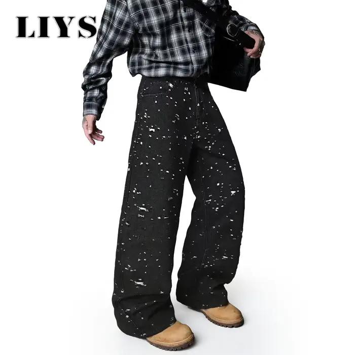 Jean large jacquard style japonais-coréen LIYS, coupe baggy, rétro américain, en denim déchiré avec 