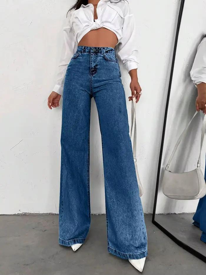 Jean droit délavé coupe ample polyvalent, pantalon large taille haute confortable style décontracté 