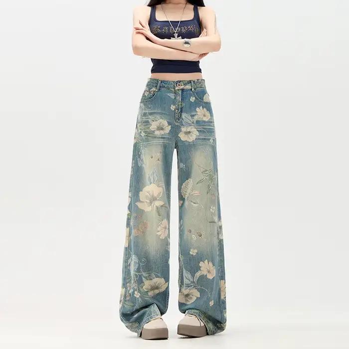 Jean d'été Y2k pour femme, coupe ample, taille haute, rétro, large, Style Vintage américain, imprimé