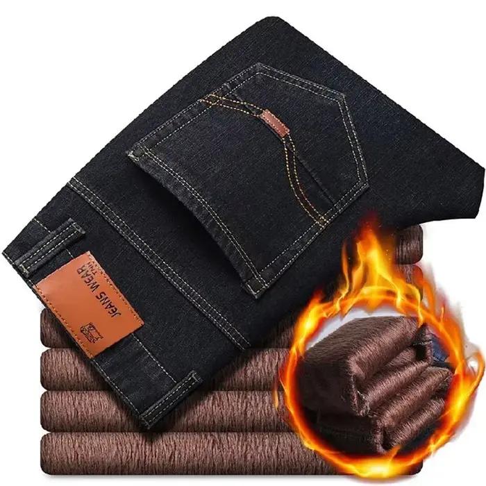 Hommes hiver neige chaud en peluche ample minimaliste jean mâle doublé polaire épaissi droit Denim p