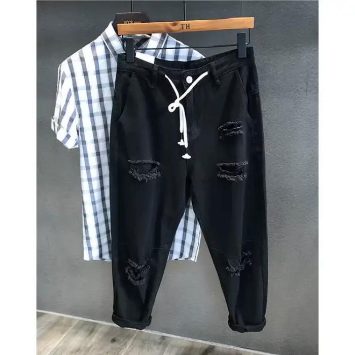 Jean vert déchiré à la cheville pour homme, coupe ample et fuselée, style harem, en denim délavé, st