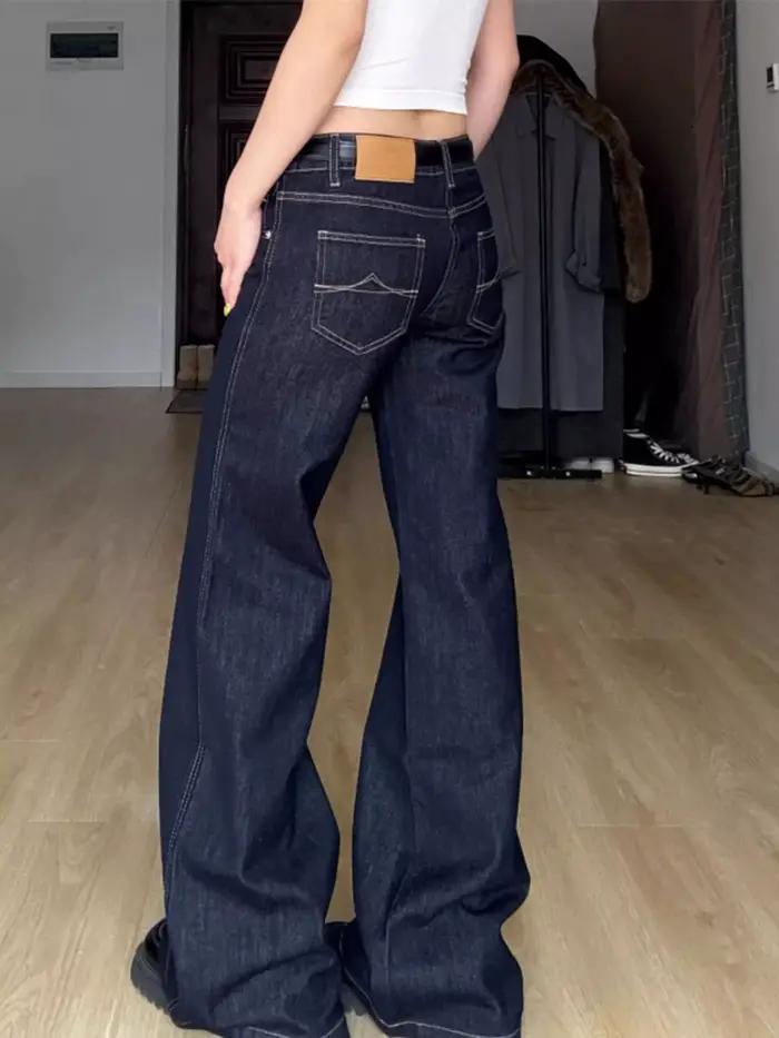 Femme taille basse Vintage décontracté Flare jean coupe ajustée cloche bas pantalon dame mode bleu D