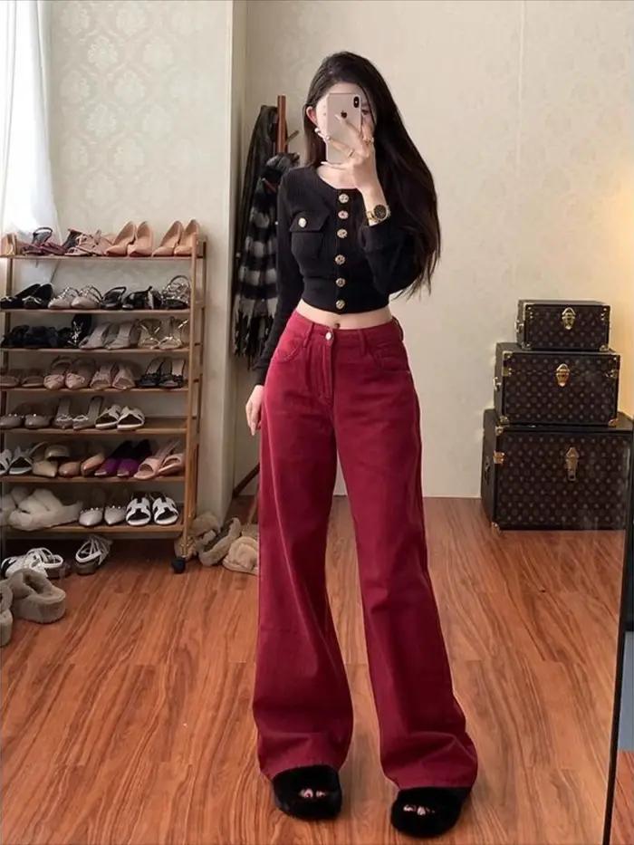 Pantalon en denim taille haute pour femme, jean rouge FjStraight, pantalon cool, vêtements de créate