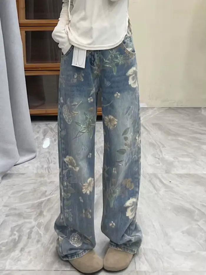 Jean Vintage à Imprimé Floral pour Femme, Pantalon en Denim Droit, Décontracté, Book ine Longueur, F