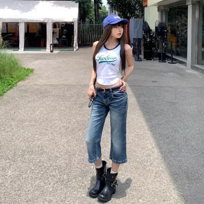 Jean Capri en Denim Américain Rétro Taille Basse, Micro-Évasé, Amincissant, Tendance, en Coton Exten