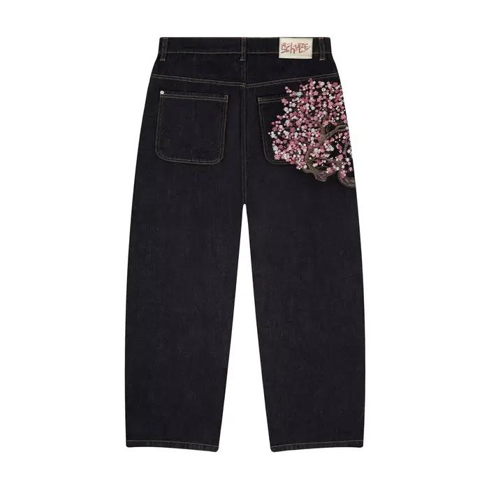 Pantalon en Denim brodé avec lisière de fleur de cerisier Y2k rétro pour hommes, Baggy décontracté, 