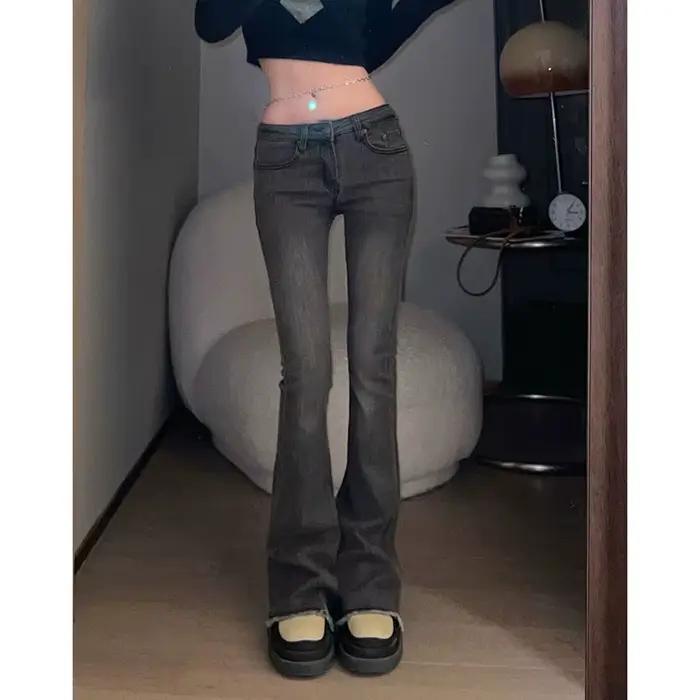 Jean Évasé pour Femme, Pantalon Skinny FjBell Astronomique, Gris Évasé avec Poches, Slim Fit, Taille