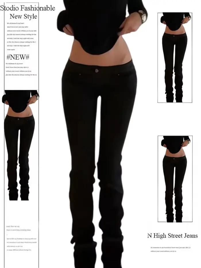 Jeans taille basse pour femmes, style rétro américain, noir, Y2K, jeans skinny Harajuku des années 2