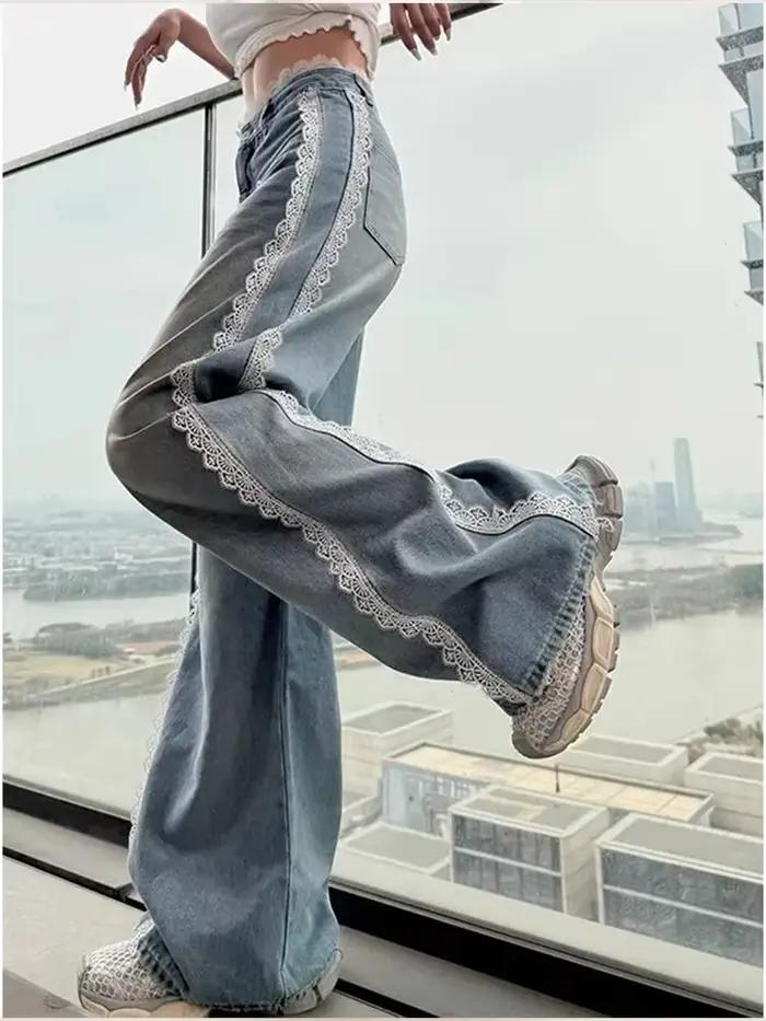 Jean en dentelle bleue pour femmes, Baggy Y2K, édition coréenne Harajuku années 2000, Streetwear, mo