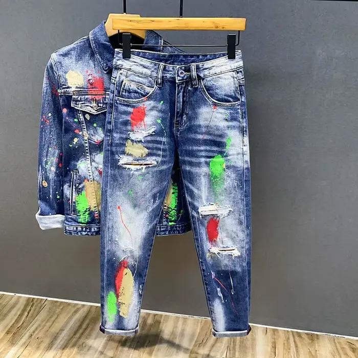 Marque de luxe 2025 impression Graffiti jean hommes mode déchiré peinture en aérosol pantalon Ruffia