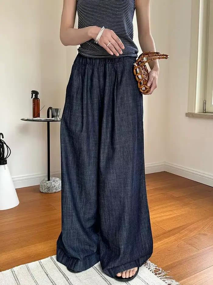 LANMREM-Jean vintage taille haute élastique pour femme, pantalon en denim à jambes larges et droites