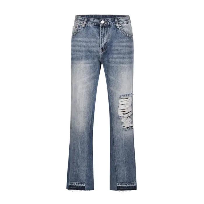 Jean bleu délavé à trous de couleur contrastée pour hommes, Streetwear, pantalon évasé déchiré ample
