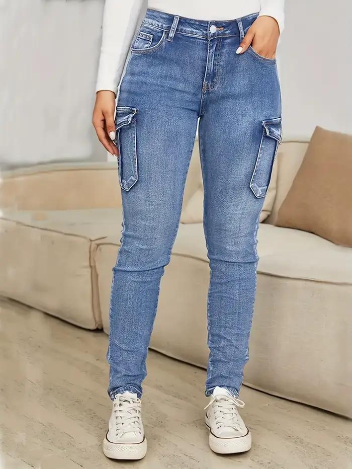 Jeans crayon vintage pour femme, denim délavé et déchiré, plusieurs poches, taille basse, extensible