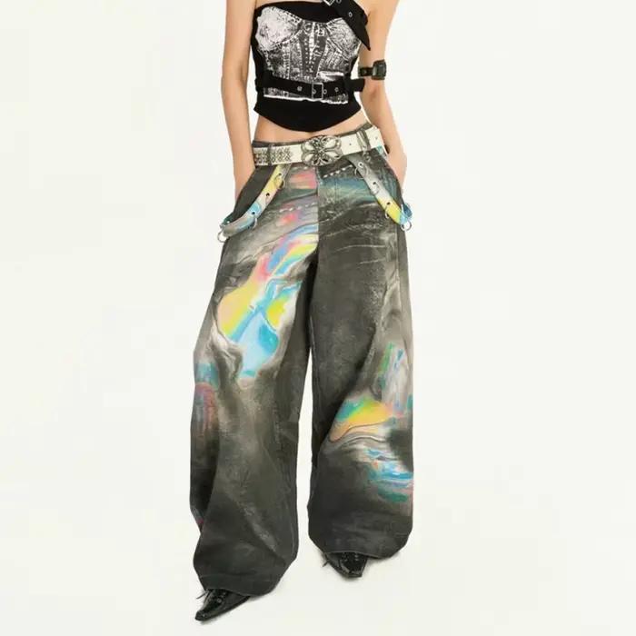 Jean coloré taché pour femmes, Punk Grunge Hip-Hop Y2k, nouvelle tendance américaine rétro High Stre