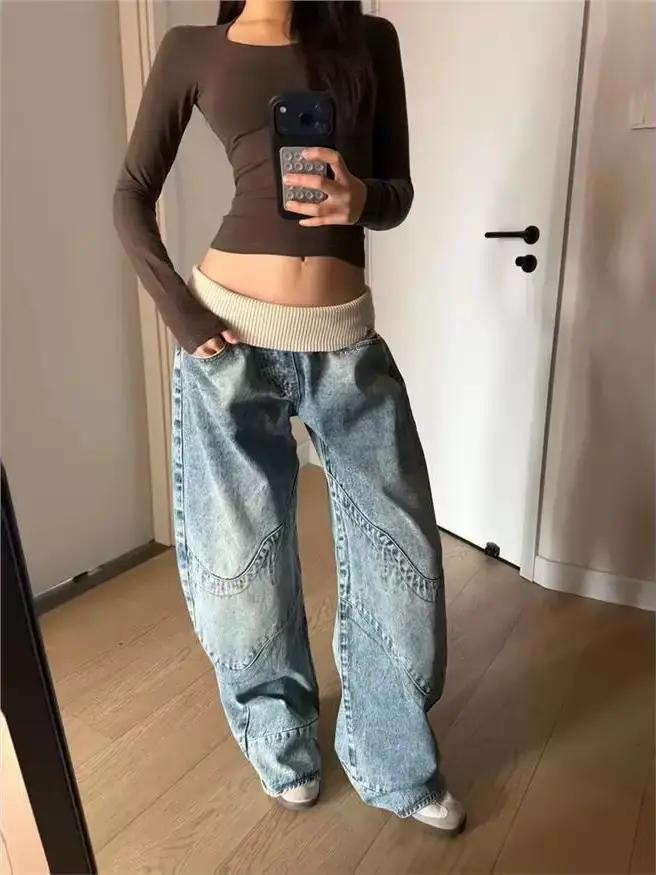 Jean droit rétro à taille cintrée pour femme, design streetwear printemps-automne, coupe ample et pa