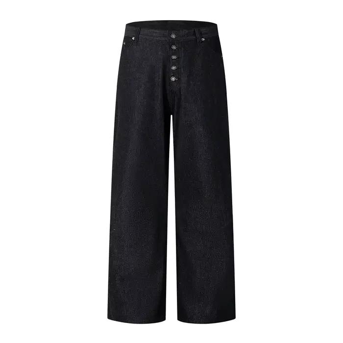 Bouton jean foncé hommes rétro décontracté ample jambe droite jambe large Denim pantalon homme Baggy