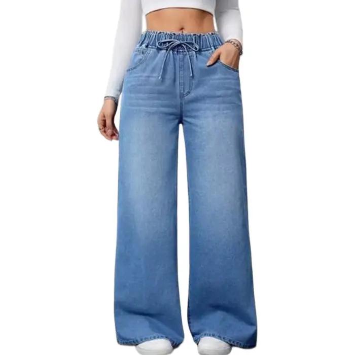 Jean décontracté ample en denim délavé pour femme, coupe droite et large, taille élastique, style vi