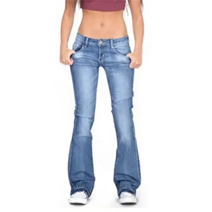 2025 Vintage taille moyenne jean délavé femmes nouveau coupe ajustée Micro pantalon évasé décontract