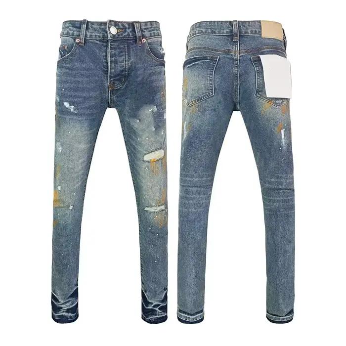 Hommes jean mode américaine haute rue rétro lavage en détresse éclaboussures d'encre graffiti taille