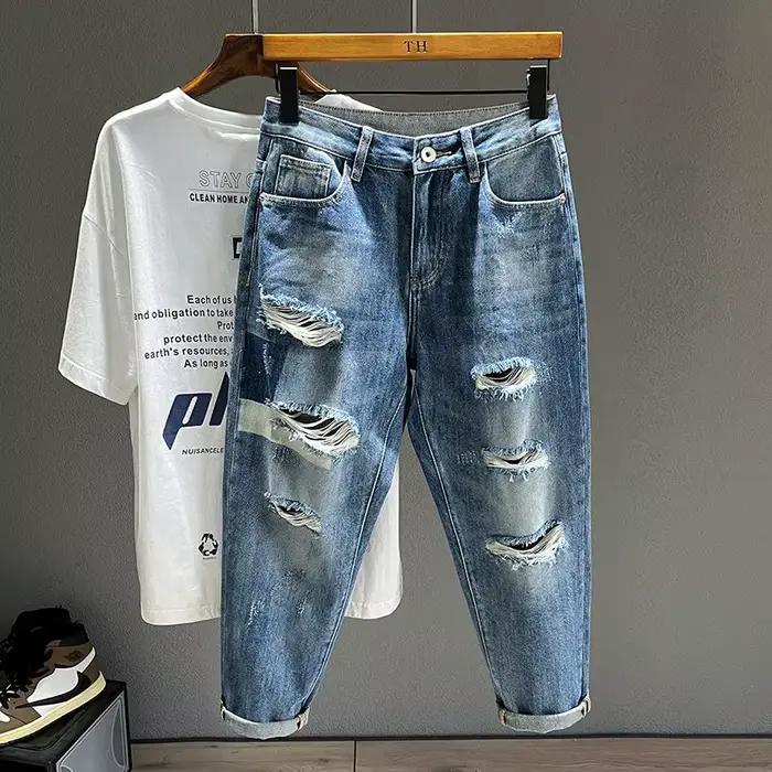 Jean déchiré en pur coton pour hommes, ample, sarouel, pantalon en Denim, mode Hip-hop Rock, Streetw