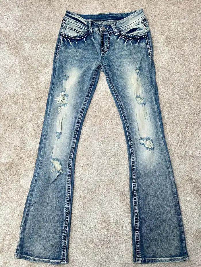 Jean Bootcut Femme Nouveauté Style Y2K Japonais Gyaru Taille Basse Denim Déchiré Coupe Skinny Pantal