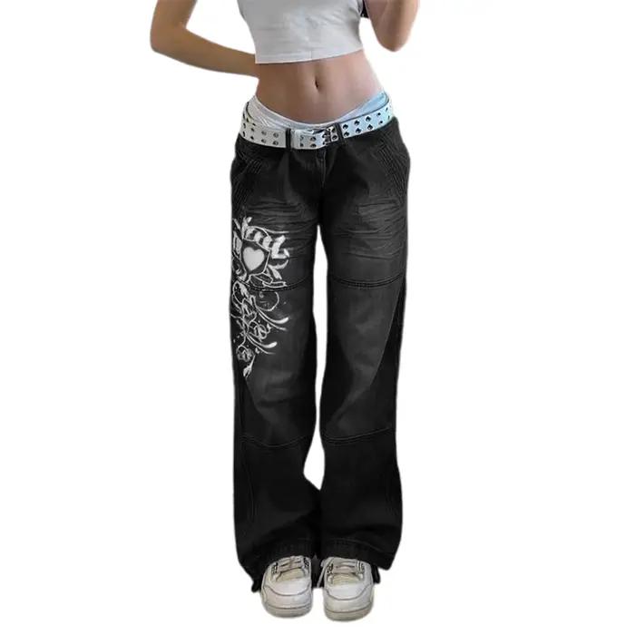 Jean imprimé Harajuku pour femmes, imprimé Floral, Vintage, esthétique, Baggy, pantalon droit, Grung
