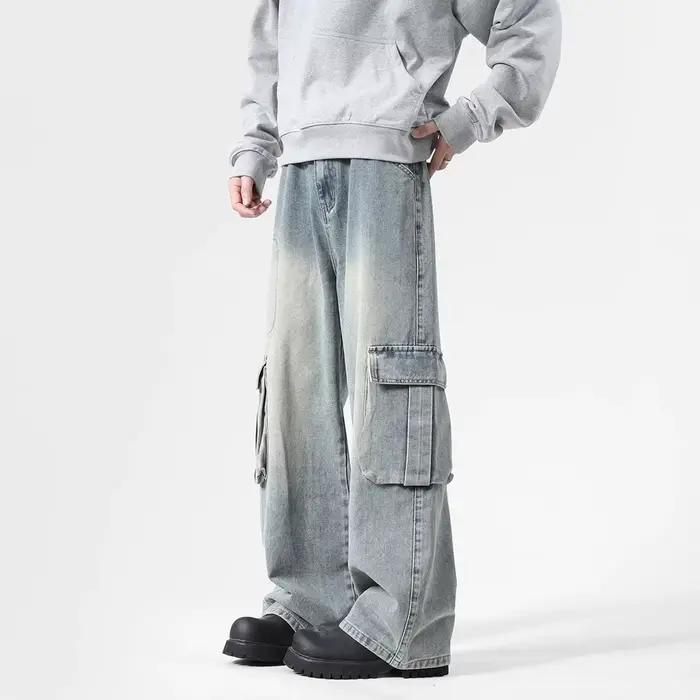 Jean pour homme avec poches fonctionnelles, nouveau modèle, coupe ample et large, délavé, style rétr