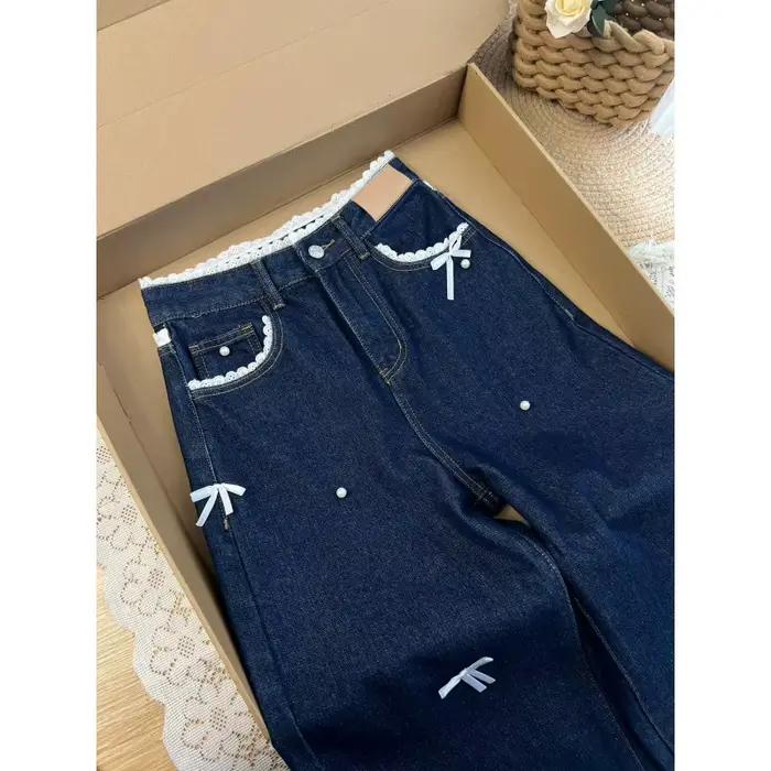 Nouveau produit été 2026 : Jean droit ample pour femme avec taille en dentelle