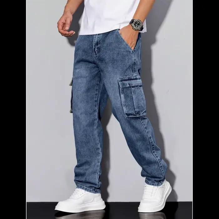 Jean décontracté ample pour homme, style workwear, coupe droite, multi-poches, design polyvalent pou