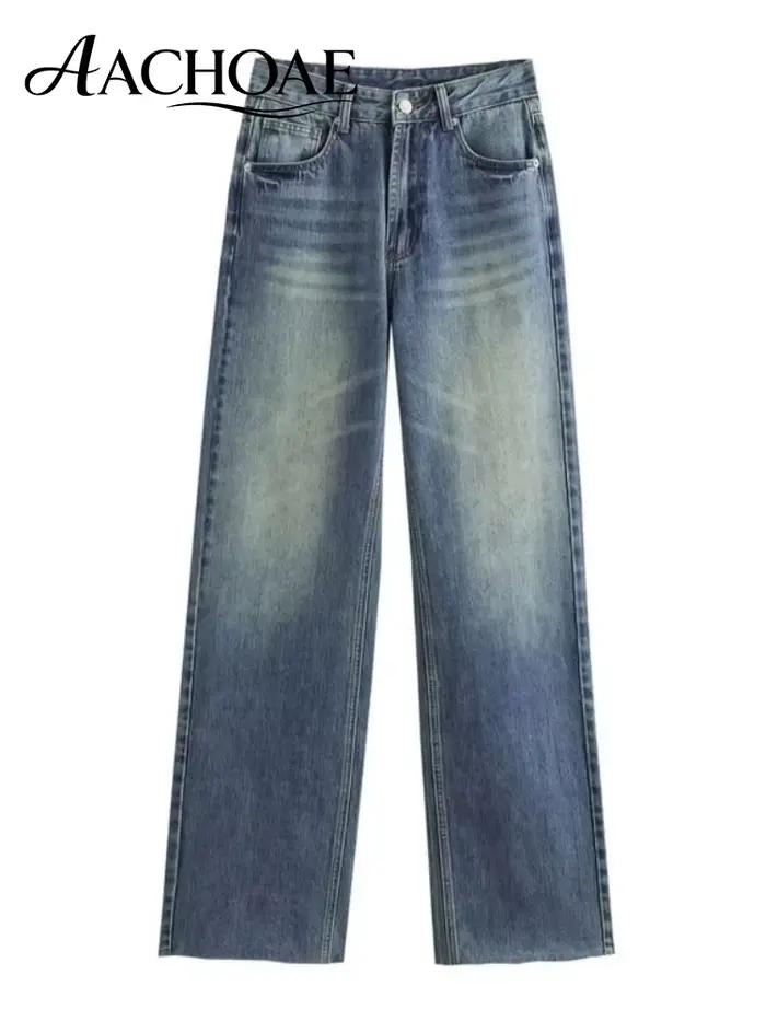 AACHOAE – Jean ample vintage en coton pour femme, taille haute, coupe droite, décontracté, bleu, lon